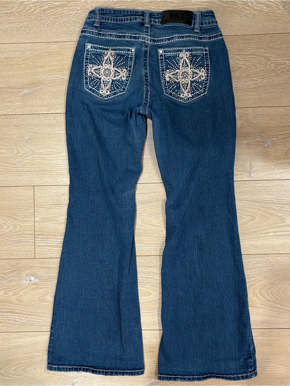 Sky Premium Denim Mid Rise Rhinestone Cross Bling Pocket Bootcut Flare 9/10